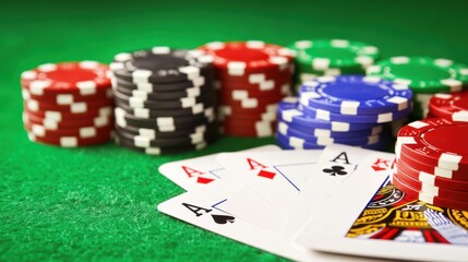 Intense Moments at the Poker Table With Chips and Aces Shining Under Bright Lights