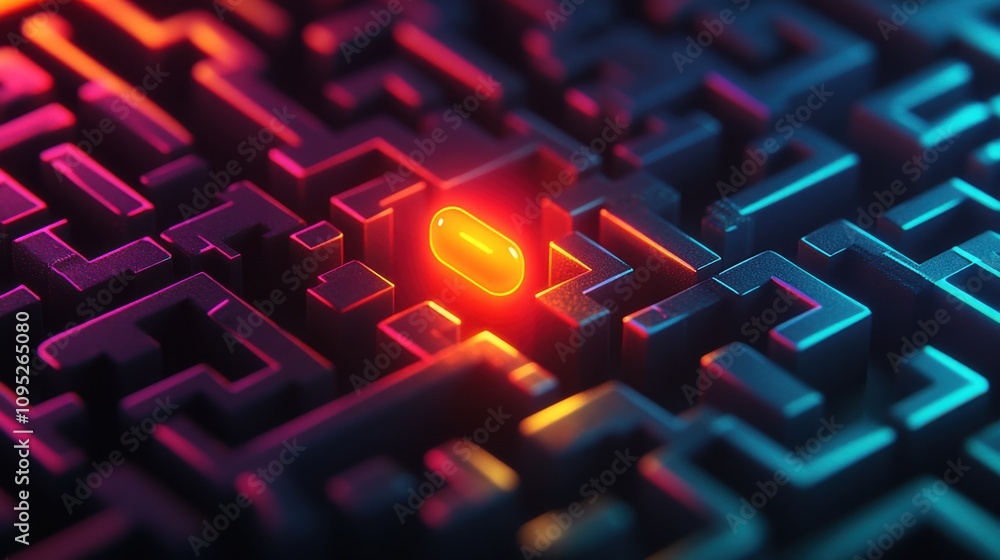 Poster abstract illustration of a maze-like structure featuring a vibrant glowing capsule at the center, sy