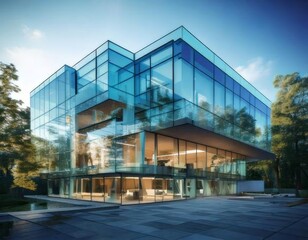 Fototapeta premium futuristic glass-and-blue-toned office building