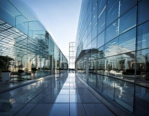 futuristic glass-and-blue-toned office building