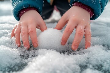 Fototapeta premium Joy of winter play as a child creates a snowball in a snowy wonderland. Generative AI