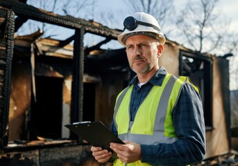 Building inspector wearing safety vest and helmet evaluating fire damage, holding clipboard and inspecting burnt house