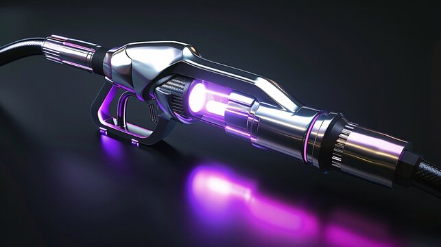 Futuristic sci fi of a high tech laser blaster weapon with glowing cosmic energy effects against a dark background with nebula and galaxy elements  This digital art image has a sleek polished