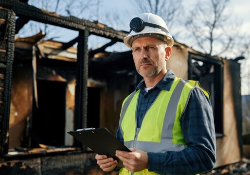 Building inspector wearing safety vest and helmet evaluating fire damage, holding clipboard and inspecting burnt house