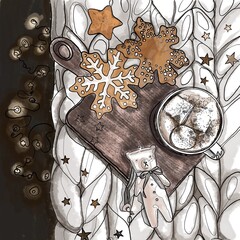 Winter and Christmas time table with white cup and hot winter drinks