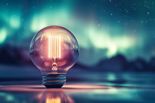 Illuminating Ideas: A Glowing Bulb Under the Aurora.  A captivating image symbolizing inspiration, innovation, and the brilliance of new ideas against a breathtaking night sky.