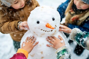 Children joyfully building a snowman on a winter day in the snowy landscape. Generative AI