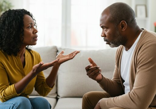 Mature african american spouses having a disagreement, gesturing and arguing on the couch in the living room