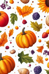 Seamless autumn pattern with pumpkins, leaves, and fruits