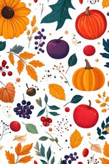Seamless pattern of autumn elements with pumpkins and leaves