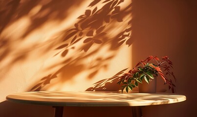 Empty table on bright brown wall background with abstract organic shadows. Composition with leaves shadow on the wall and wooden desk, Generative AI