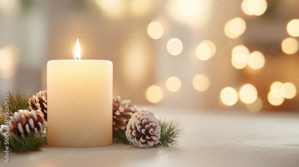 Poster enchanting festive dinner table setting with candles and pinecone decor in warm glow