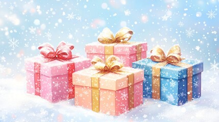 Snowy pink Christmas gift boxes 