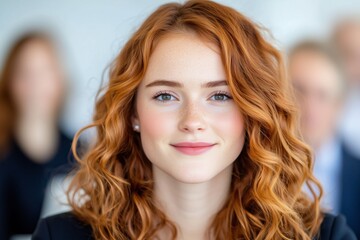 Naklejka premium Confident young woman in business casual attire sits in waiting area with blurred figures in background