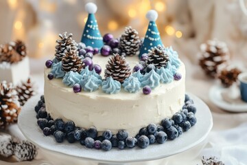 Winter-Inspired Cake with Pinecones and Blue Frosting