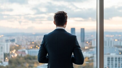 Fototapeta premium Businessman Contemplating Cityscape at Sunset from High-Rise Office. AI Generated