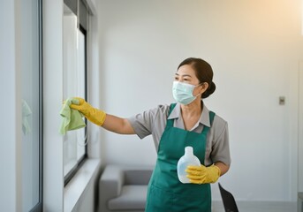 Asian cleaning lady wearing surgical mask cleaning window glass with disinfectant spray and microfiber cloth