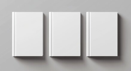 Fototapeta premium 3D rendering of three blank white book cover mockups viewed from the top, set against a softly blurred gray background.