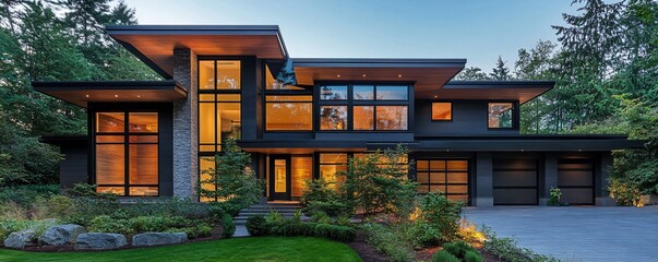 Fototapeta premium Modern luxury home exterior with illuminated windows at twilight