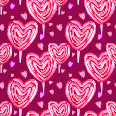 seamless pattern of valentine day theme with different watercolor hearts, sweets, lollipops, candies, hand draw illustration, pink, magenta color sketch, purple background for party decoration