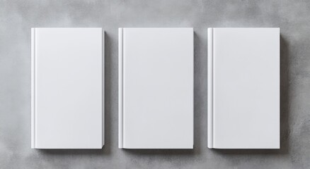  3D rendering of three blank white book cover mockups viewed from the top, set against a softly blurred gray background.