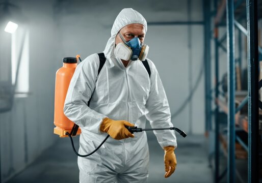 Pest control worker spraying insecticide in warehouse, wearing protective suit and mask
