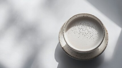 すっきりとしたデザインのインスピレーションとなる、柔らかな光の中で撮影された白いコーヒーカップのミニマリストな航空写真