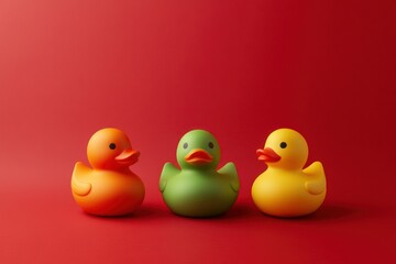 Colorful Rubber Ducks on Red Background