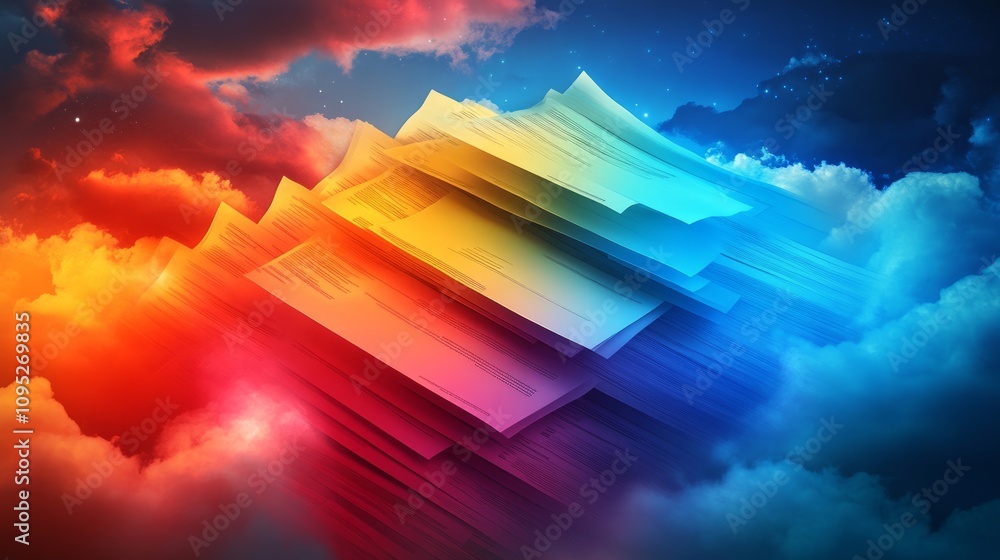 Poster a vibrant digital landscape featuring colorful sheets layered above clouds, creating a surreal and d