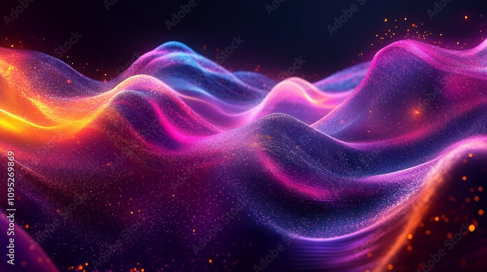 Poster a vibrant, colorful wave of light patterns flows gracefully, creating a mesmerizing visual effect wi