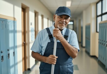 Happy mature custodian holding a mop while standing in a school hallway