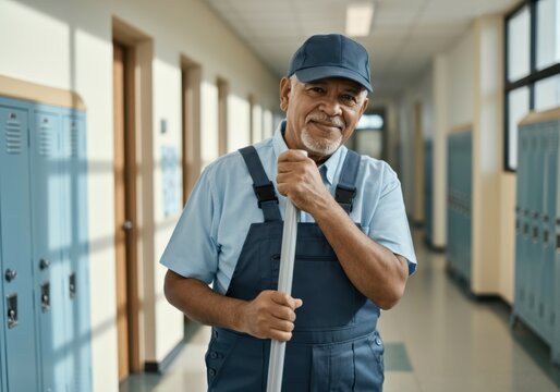 Happy mature custodian holding a mop while standing in a school hallway
