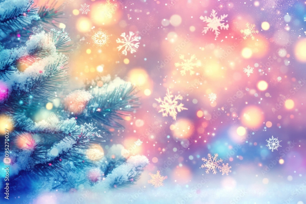 Poster blurry, out-of-focus background of colorful christmas lights and snowflakes, with the foreground fil