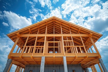 Fototapeta premium Photo of a new wooden house frame under construction on a clear sunny day.