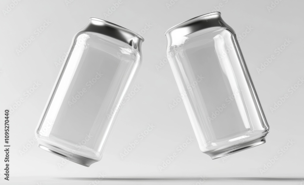 Poster 3d rendering of two empty glass soda cans floating in the air, with one tilted and filled with water