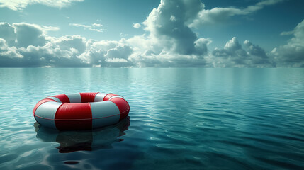Naklejka premium Lone lifebuoy floating in tranquil ocean under vast cloudy sky