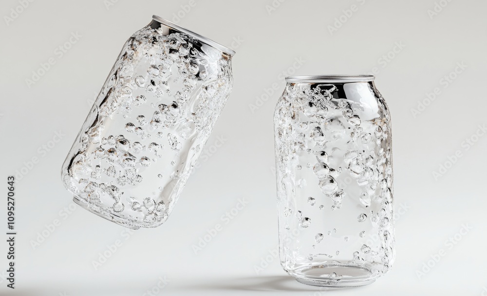 Poster 3d rendering of two empty glass soda cans floating in the air, with one tilted and filled with water