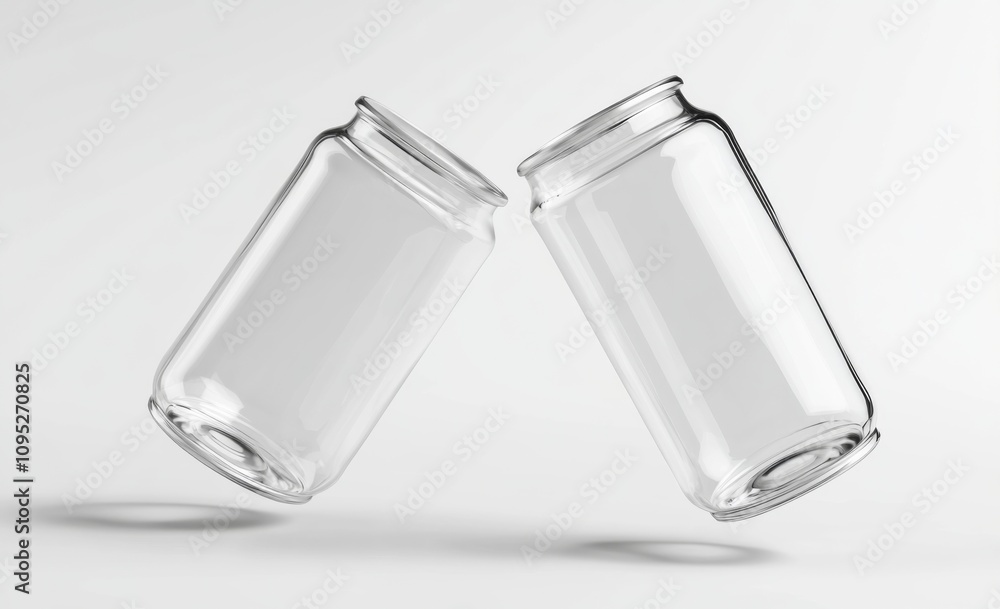 Poster 3d rendering of two empty glass soda cans floating in the air, with one tilted and filled with water