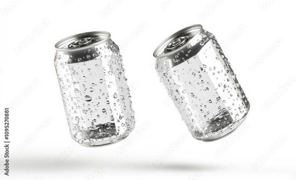 Poster 3d rendering of two empty glass soda cans floating in the air, with one tilted and filled with water
