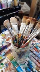 Fototapeta premium Creative painting session art studio tools and techniques colorful environment close-up view artistic expression
