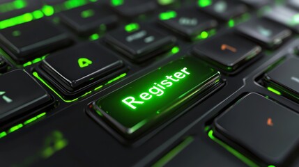A close-up of a keyboard featuring a glowing green 