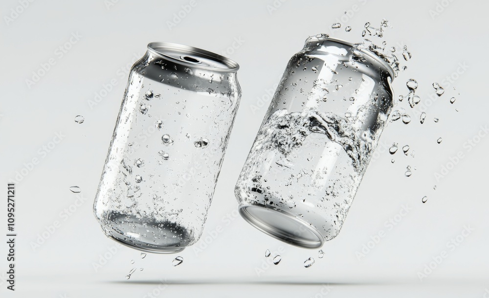 Poster 3d rendering of two empty glass soda cans floating in the air, with one tilted and filled with water