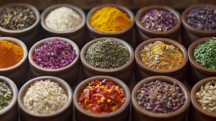 A vibrant array of spices in small bowls, showcasing diverse colors and textures, perfect for enhancing culinary creations.