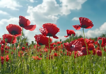 Obraz premium A Captivating Field of Vibrant Red Poppies Swaying Gracefully Under a Bright Blue Sky with Fluffy Clouds and Sunlight Filtering Through