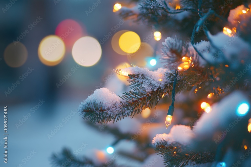 Aufkleber blurred christmas tree with colorful lights in the snow, blurred background generative ai