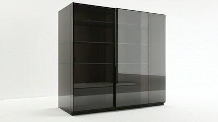 Sleek black minimalist glass sliding door cabinet with shelves
