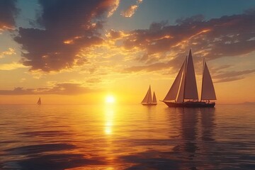Fototapeta premium Sailing at sunset majestic boats on calm waters coastal landscape serene nature tranquil viewpoint scenic escape