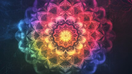 Mandala design with rainbow gradients on a dark background, simple and elegant