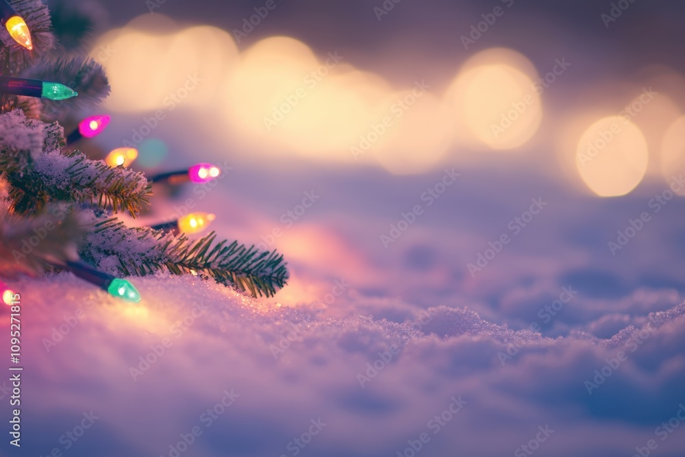 Poster a christmas tree adorned with colorful lights stands in the snow, with a blurred background and a bo