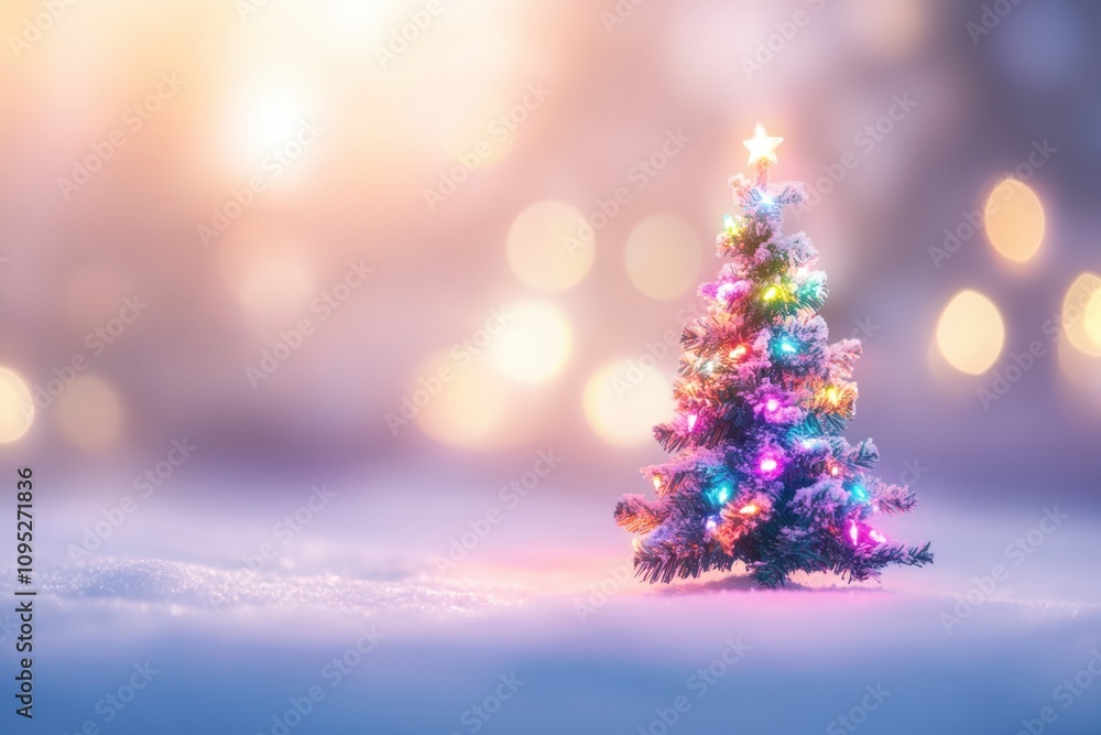 Poster a christmas tree adorned with colorful lights stands in the snow, with a blurred background and a bo